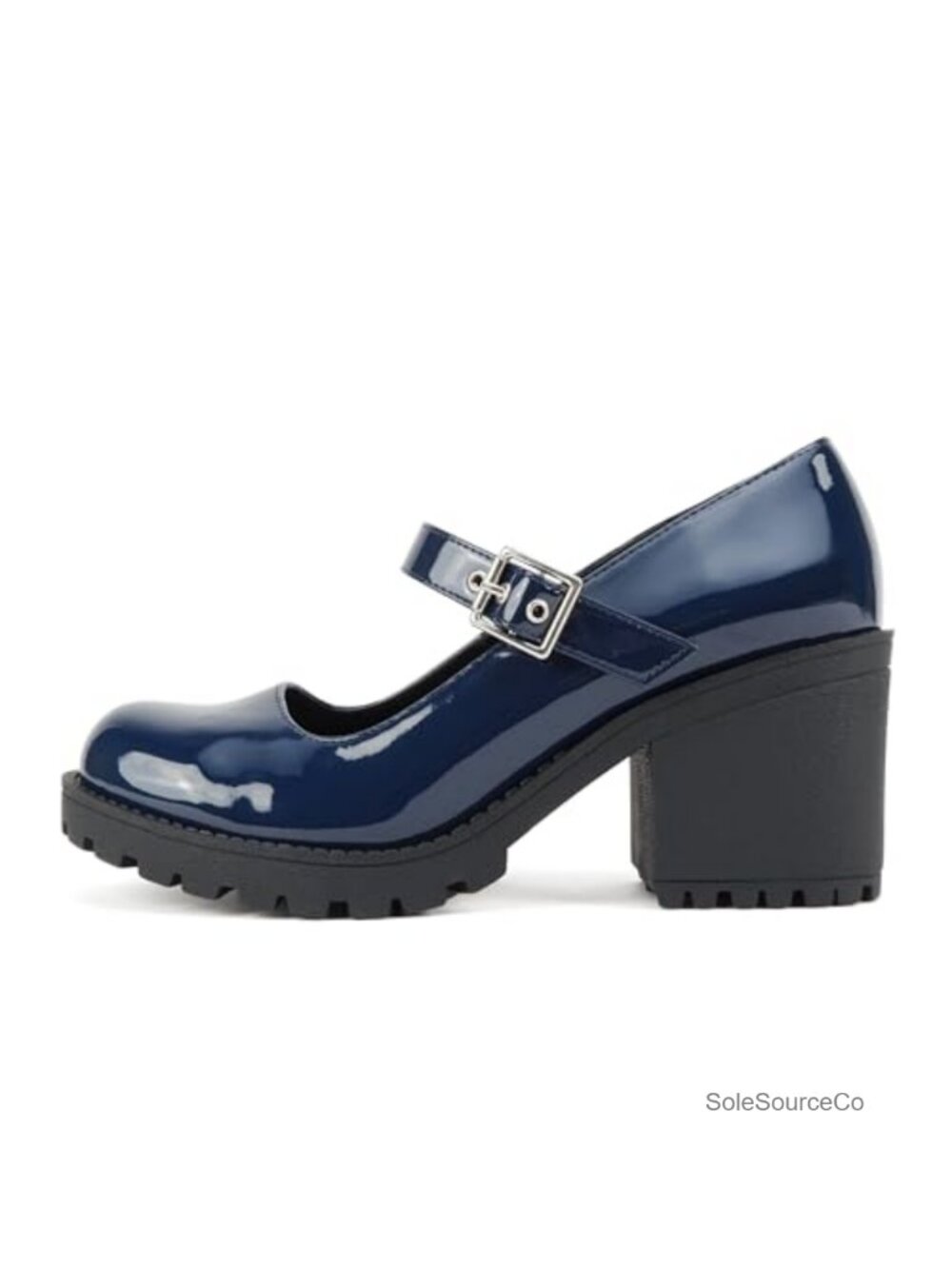 Mary Jane Pump Mid Chunky Block Heel Lug Sole Adjustable Strap